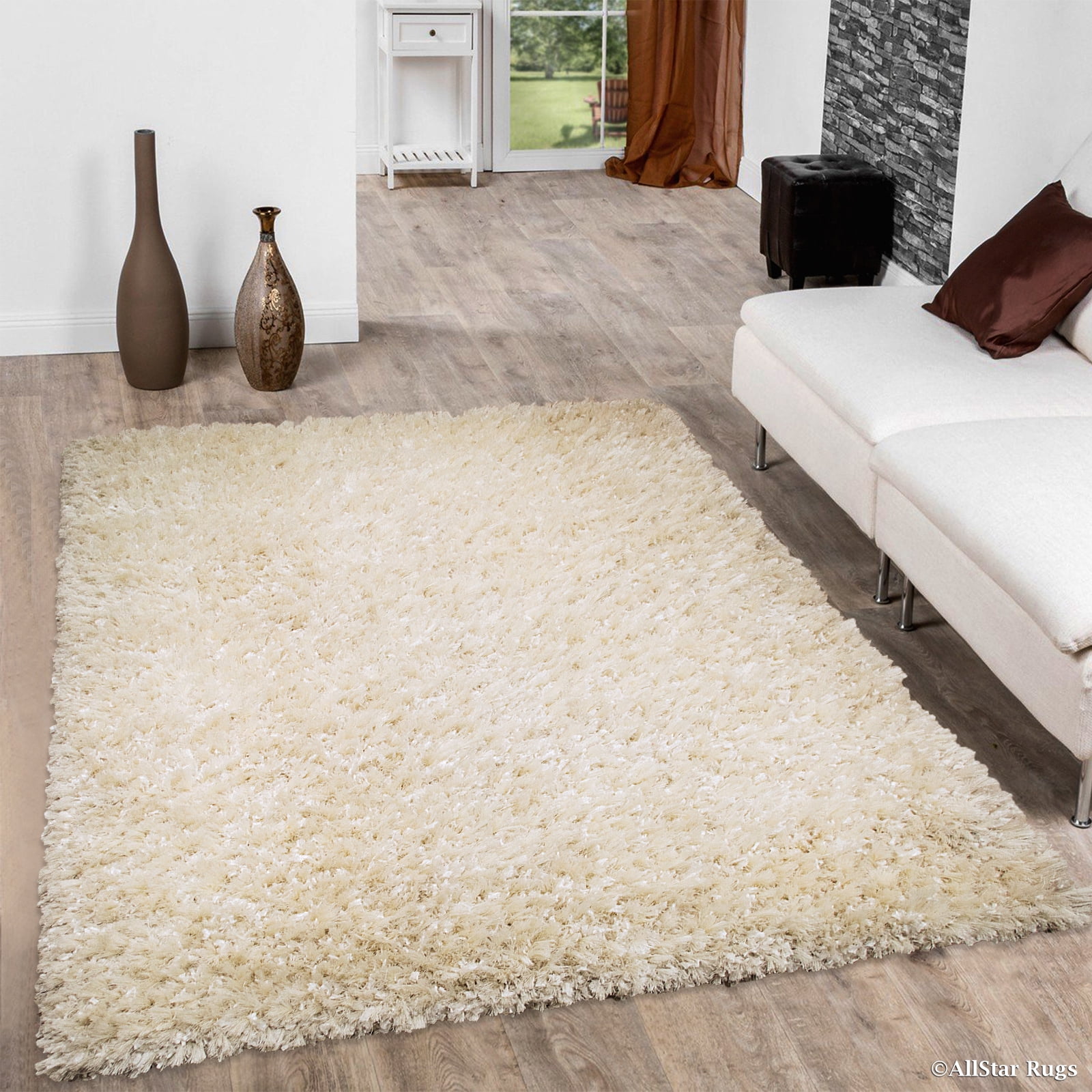 Allstar White Solid Thick Modern Shaggy Area Rug (7' x 10' 2
