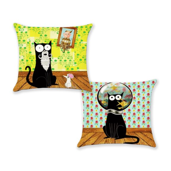 Set of 2 Pillow Covers 18x18, Black Cat with a Mouse and Black Cat with a Fish Bowl Design / Cotton Linen Fabric Decorative Indoor / Outdoor Throw Pillow Case Set 45x45cm
