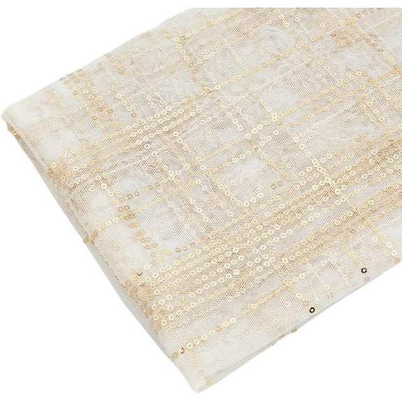 1 Yard Gold Sequin Tulle Fabric 59inch Width Glitter Embroidered Fabric Stirped Mesh Gilded Lace Fabric for Tutu Skirts DIY Sewing Crafts Wedding Party Backdrop Decoration Floral White