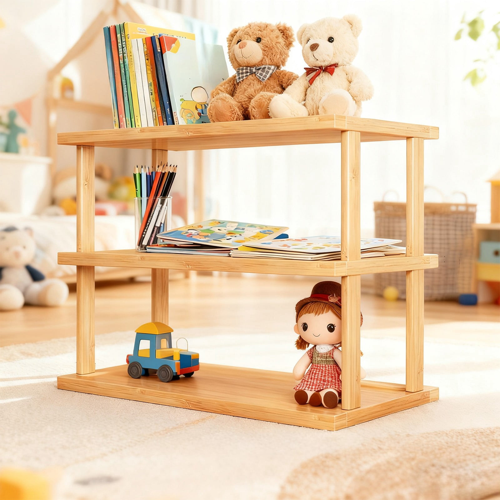 3 Tier Wooden Desktop Storage Rack, Multi Layer Countertop Shelf for Kitchen Office Desk Organizer and Cup Display