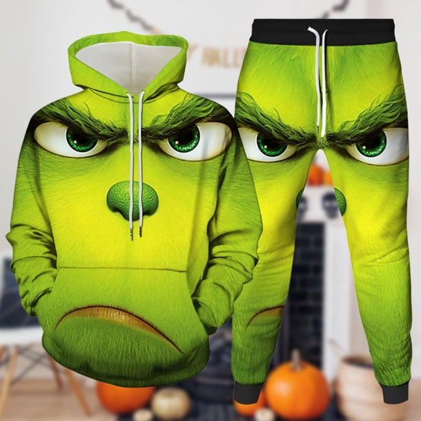 Traje de calle de mujer con bolsillo y pantalones con capucha de gran tamaño con estampado de monstruo de pelo verde