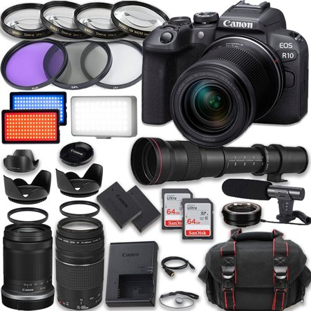 Canon EOS R10 Mirrorless Camera with Canon RF-S 18-150mm IS STM + 75-300mm III + 420-800mm HD Lenses + Accessories: 2X 64GB Memory Cards, LED Video Light, Microphone, Extra Battery, Case & More