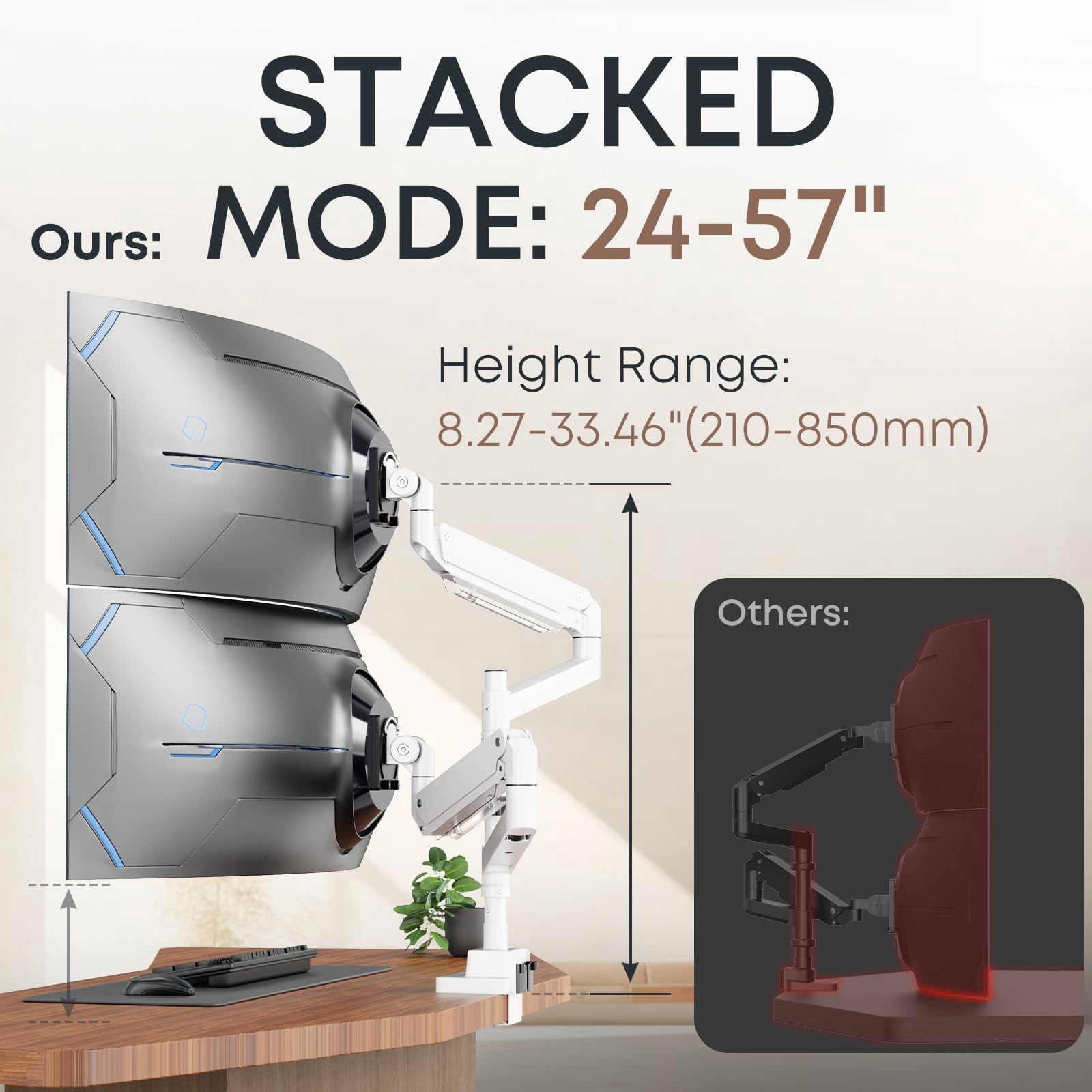 PUTORSEN 24-57 inch Dual Vertical Monitor Mount, Heavy Duty Monitor Arm for 2 Monitors, up to 59.4 lbs, Extra Tall/Wide Adjustable, Premium Aluminum Dual Monitor Desk Mount, VESA 75x75-200x200 mm