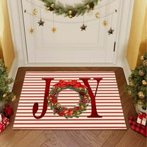 Coollooc Red Joy Wreath Bow Christmas Door Mat, Holiday Welcome Artificial Coir Front Door Mat Indoor Outdoor Entrance, Winter Happy Xmas Doormat Rug for Porch Entryway Patio Decor