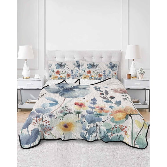 Quilts Twin Size, Blue Spring Floral Soft Comforter Bedding Set for Bed, Vintage Watercolor Summer Botanical Lightweight Quilted Bedspread with Pillow Cover(2 Pieces) for All Season, 68x86 Inch