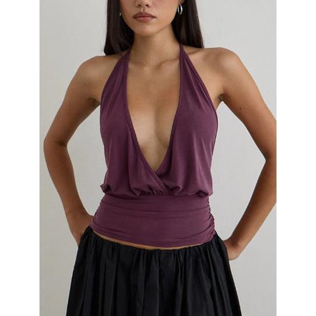Argulvti Women's Summer Halter Tops Stylish Solid Ruched Slim Fit Backless Sleeveless Vest