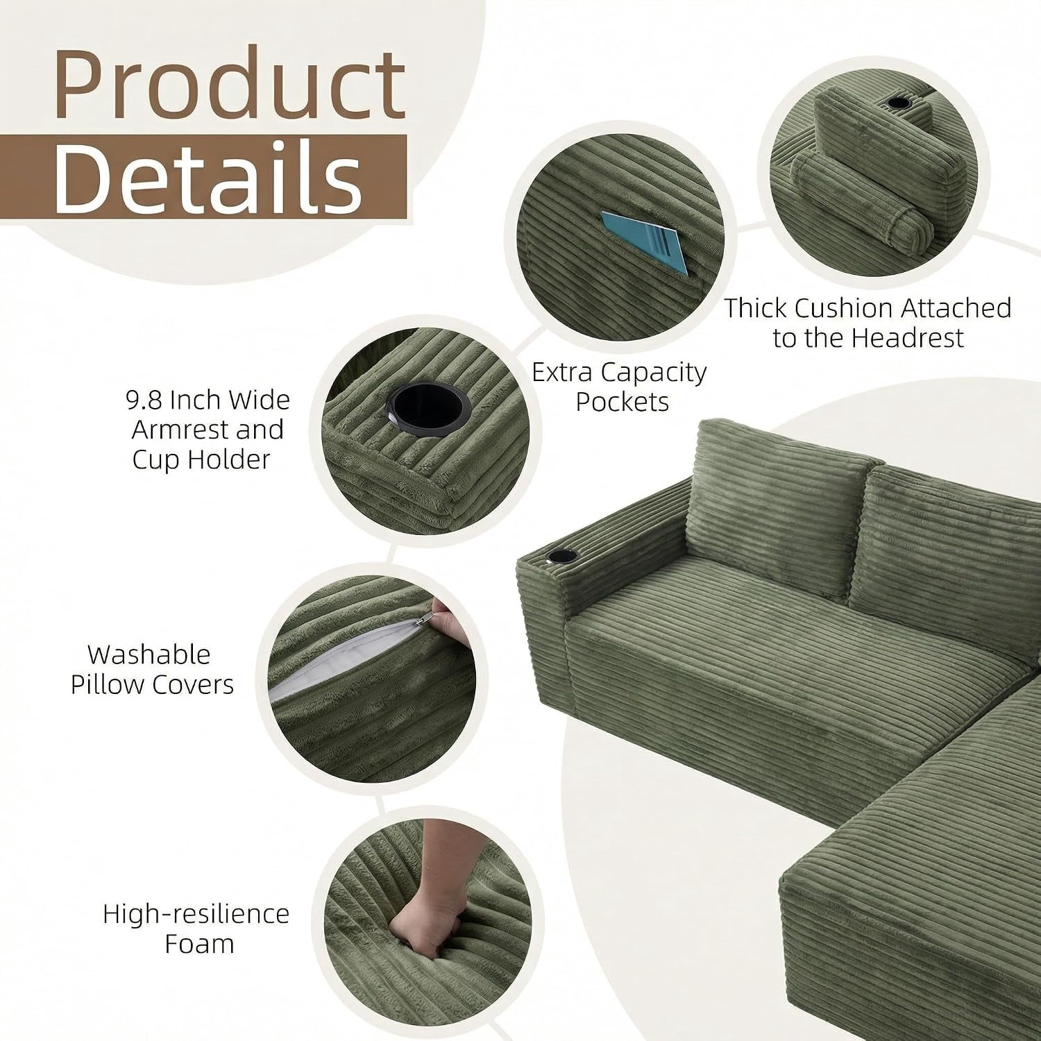 104" Cloud Modular Sectional Sofa, Corduroy Boneless L-Shape Chaise Couch with Deep Seat for Living Room Bedroom, No Assembly Required