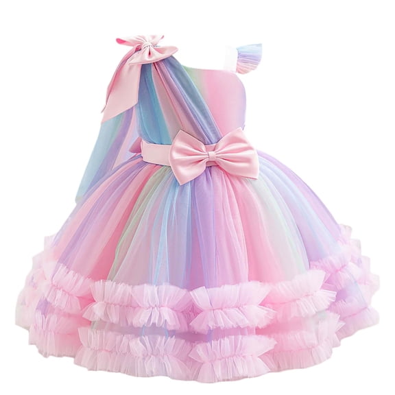 PRfgtbd Tutu Dress For Girls Rainbow Tulle Princess Dresses Bowknot Flower Girl Dress Toddler Kids Wedding Birthday Party Pageant Gown Beach Party Sundress