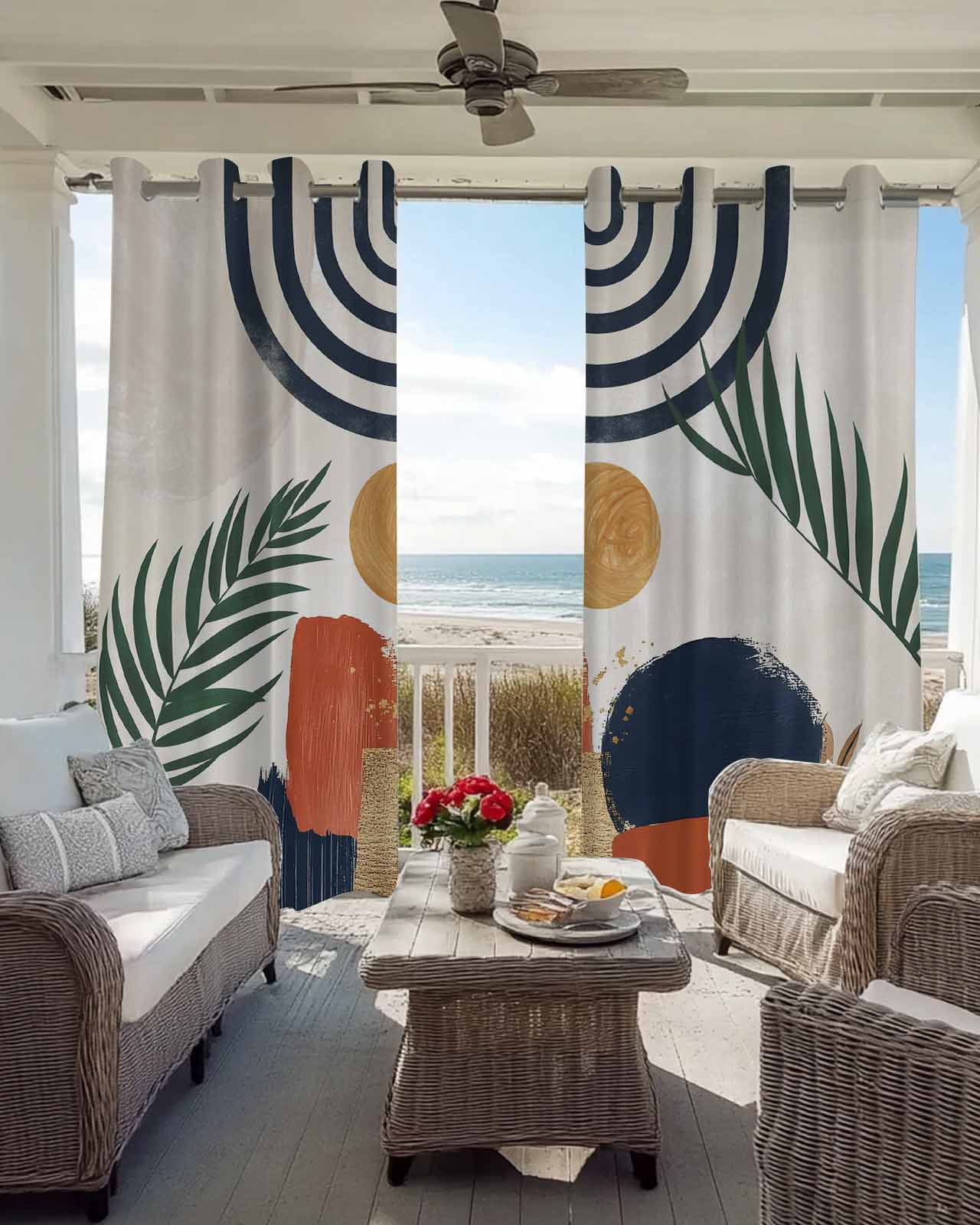 Boho Blackout Curtains, Light Blocking Print Window Curtains, Middle Century Leaves Bohemia Minimalist Abstract Art Beige Thermal Insulated Window Drapes for Living Room 2 Panels, 84"W x 84"L