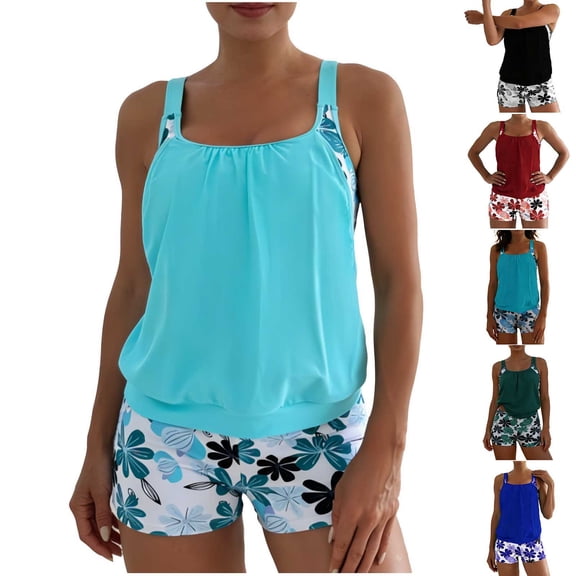 Sakmal Full Coverage Womens Tankinis Modest Swimwear Hawaiian Black Floral Swimsuits for Women L