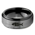 thumbnail image 2 of Tungsten Fish Shape Typography Band Ring 8mm Men Women Comfort Fit Black Step Bevel Edge Brushed Gray Polished, 2 of 4