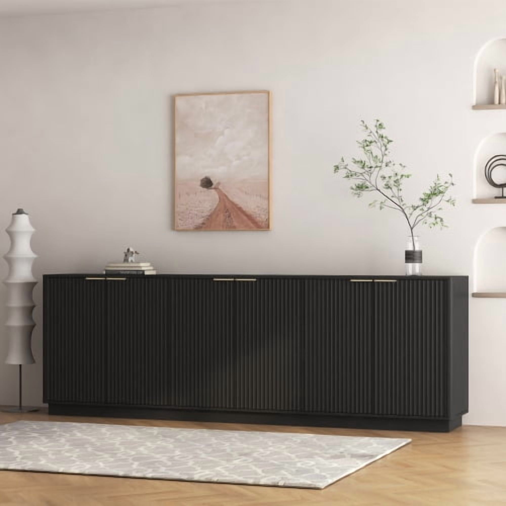 Modern Fluted Sideboard Cabinet with Storage, 6-Door Buffet Credenza with Adjustable Shelves, Accent Console Table for Living Room, Dining Room, TV Stand, Black