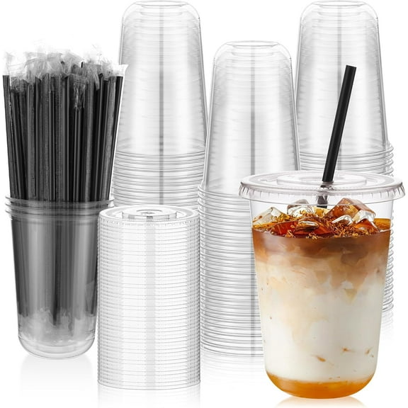 Sparklane 100 Set 16oz Plastic Cups with Lids and Straws,Disposable Clear Iced Coffee Cup with Lid,Round Bottom Plastic To Go Cups for Cold Drinks Slushie Smoothie Lemonade Party Picnic Shop Supplies