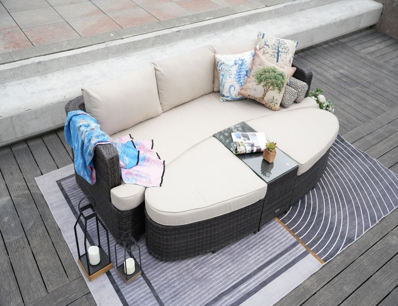 Abrihome Outdoor Garden Daybed Sofa Rattan Garden Furniture,Brown