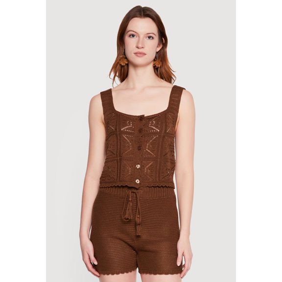 Women's Crochet Scalloped Hem Square Neck Button Front Vest