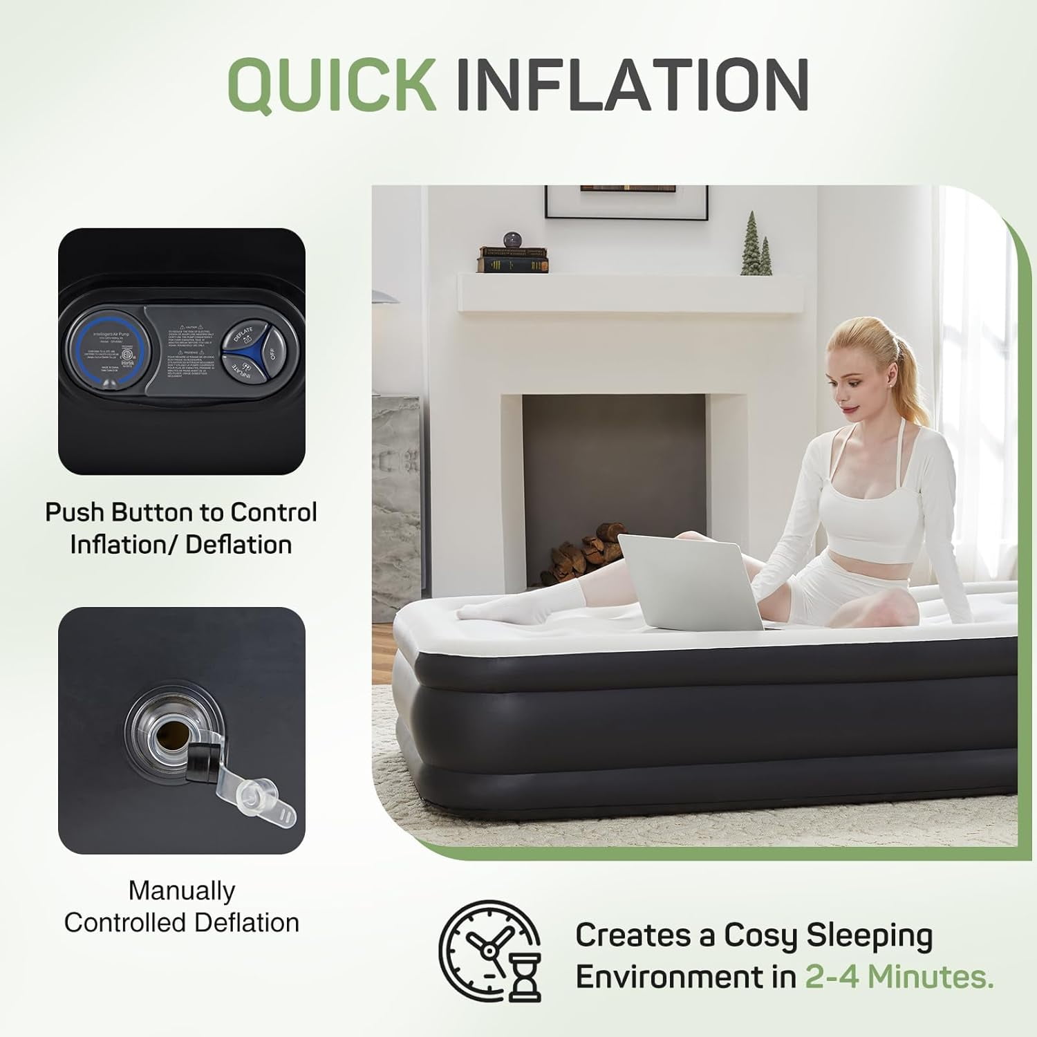 Air Mattress Queen with Built in Pump, 22 Inch Elevated Quick Inflation/Deflation Inflatable Beds, High Durability Blow Up Mattresses for Camping, Indoor Colchon, Guests Air Bed, Black