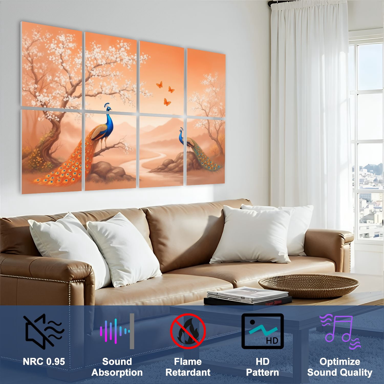 Vintage 8 Pack Art Acoustic Panels Sound Absorbing Peacocks Blossoming Trees Warm Sunset Landscape Orange Tones Decorative Soundproof Wall Panels Self Adhesive for Nursery Game Room Bedroom 48"x32"
