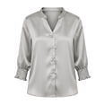 thumbnail image 6 of ClodeEU Women's Satin V Neck Ruff Cuff 3/4 Sleeve Button Down Blouse, Casual Silky Work Shirt Top Gray,Women's Plus XL, 6 of 9