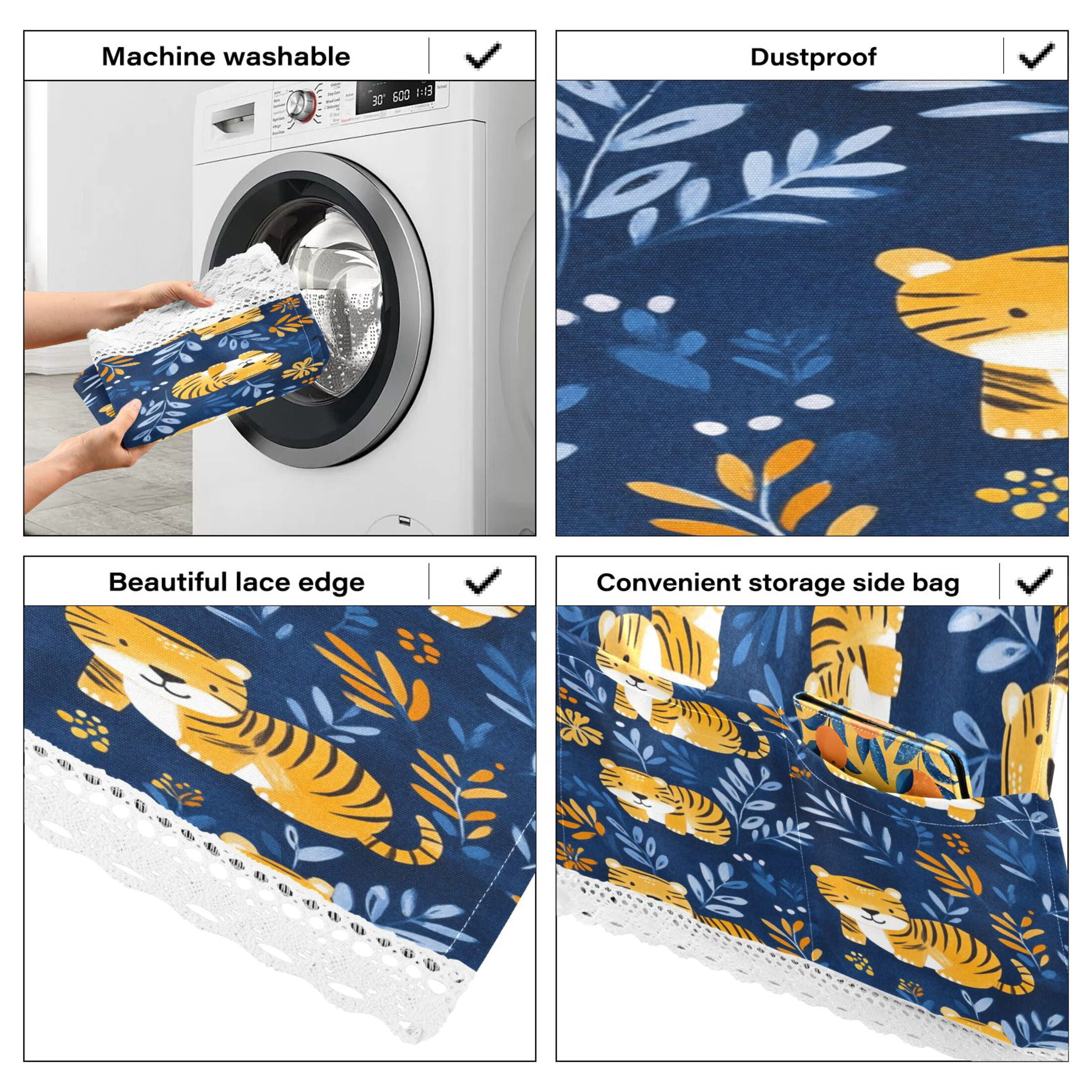 Lovely TigerWasher and Dryer Covers Dust-Proof and Oil Resistant Fridge Cover with 4 Storage Pockets Washing Machine Top Cover for Laundry Kitchen Home 51.2 x 22 In