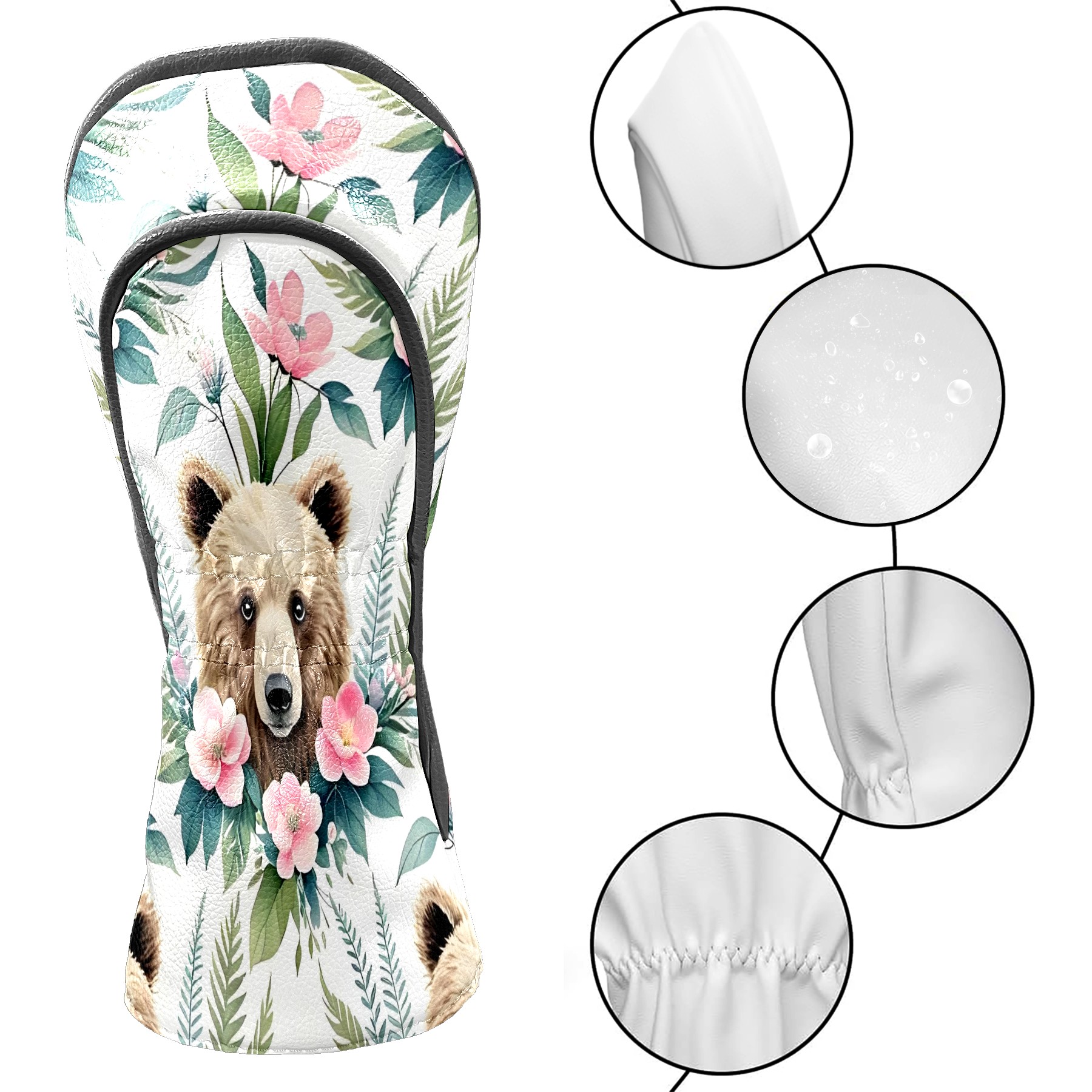 Golf Club Covers, Brown BearFlower Premium PU Leather Driver Hybrid Putter Head Covers with Velvet Lining, Waterproof Golf Gifts for Men Women