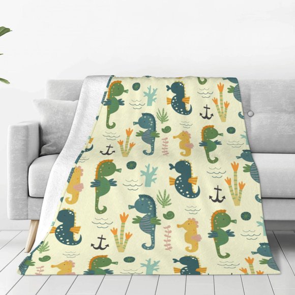 Cauagu Seahorse Pattern Flannel Bed Blankets,Fleece Blanket Comfortable Air Conditioning Blanket for Sofa Bed Travel Couch & Living Room-60"x50"