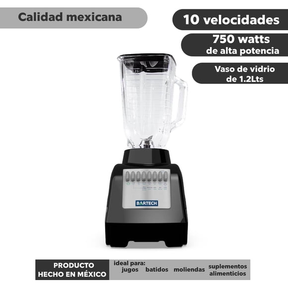 Licuadora Bartech 750W 10 Velocidades con Vaso de Vidrio 1.2L Alta Resistencia Negro