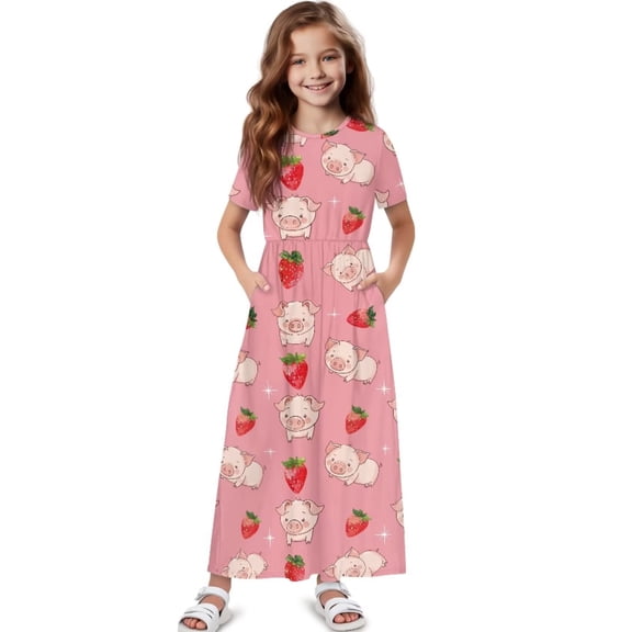 Uourmeti Girl Maxi Dress Pink Pig Strawberry Print Short Sleeve Crew Neck Dresses with Pockets for Girls Loose A-line Dress, Size 7-8 Years