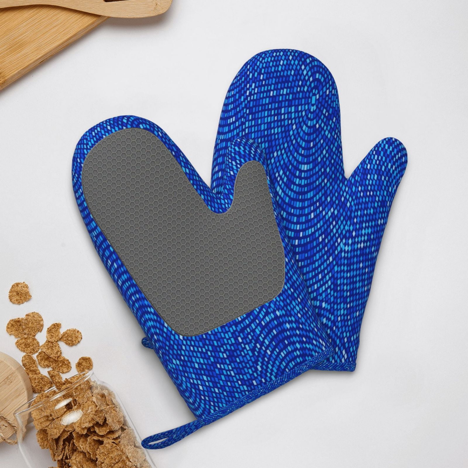 Hirioo Blue Circles Mosaic for Silicone Oven Mitts for BBQ, Baking, Cooking, Set of 2, Heat Resistant 260℃, Non-Slip Kitchen Essentials