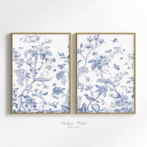 Botanical Prints, Vintage Chinoiserie Wall Art, Blue and White Branch Drawing, Set of 2 Minimalist Floral Sketch, Farmhouse Decor, Poster Only