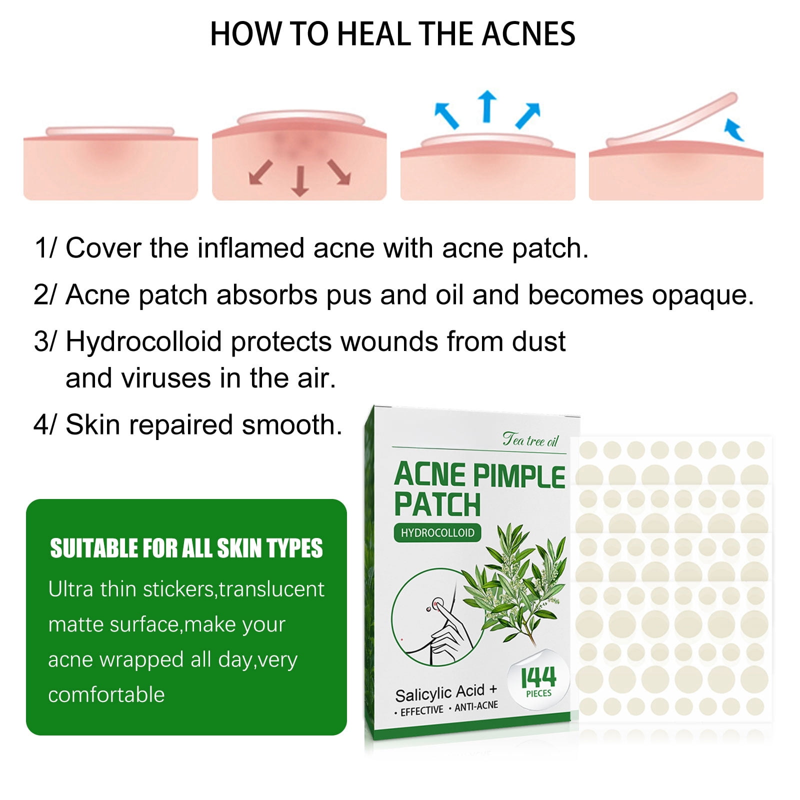 Alvantor Invisible Tea Tree Oil Hydrocolloid Pimple Patches for Face, 144pcs - Waterproof & Breathable