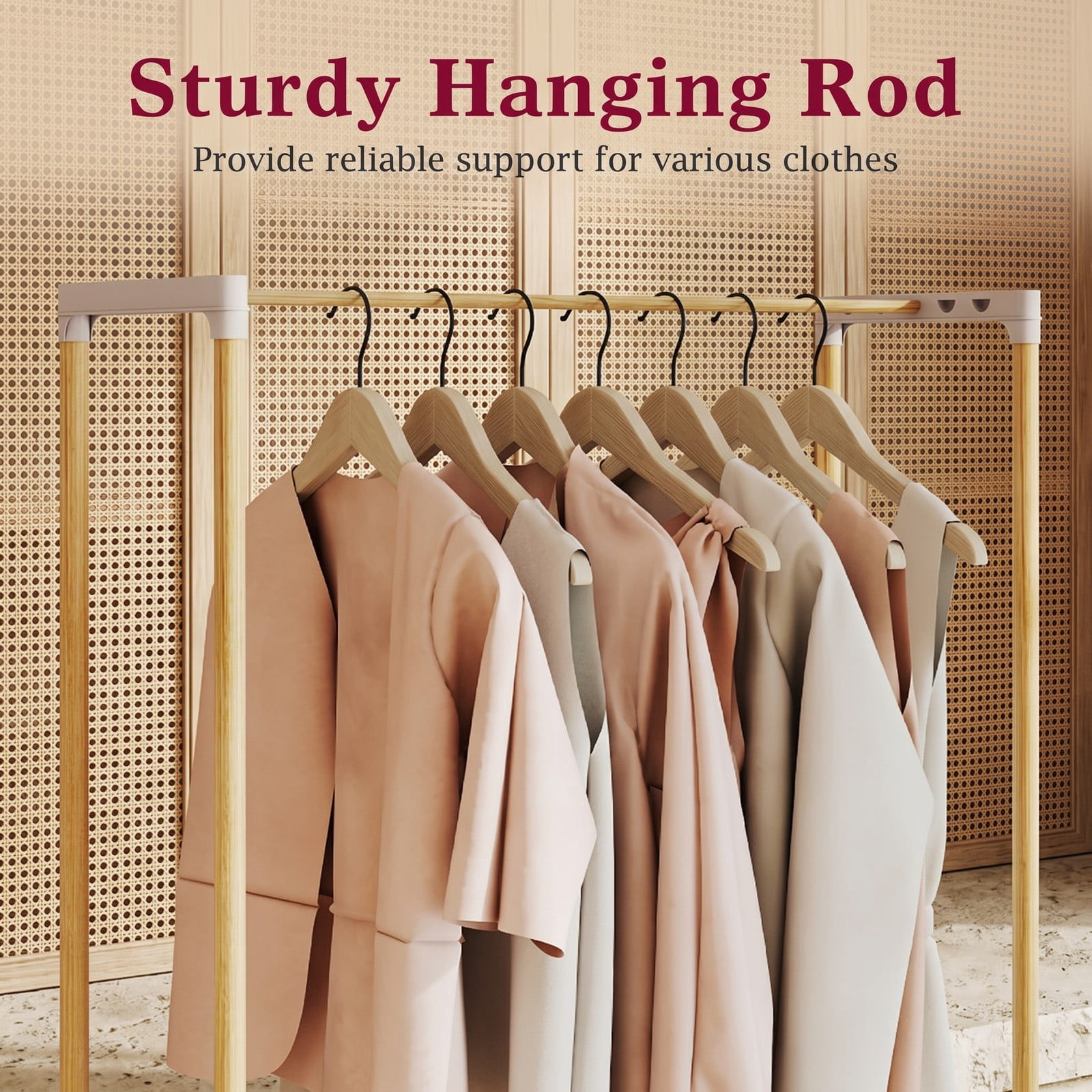 Furnibear Pine Wood Clothes Rack with 2-Tier Open Storage Shelf for Hanging Clothes in Bedroom Hallway and Closet, Natural and Gray