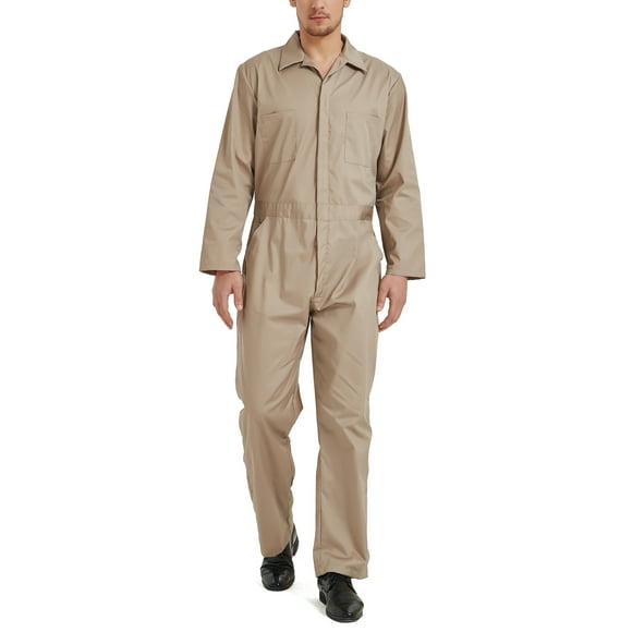 TOPTIE Men's Long Sleeve Coverall, Khaki Coverall Snap and Zip-Front Coverall Lightweight Coverall