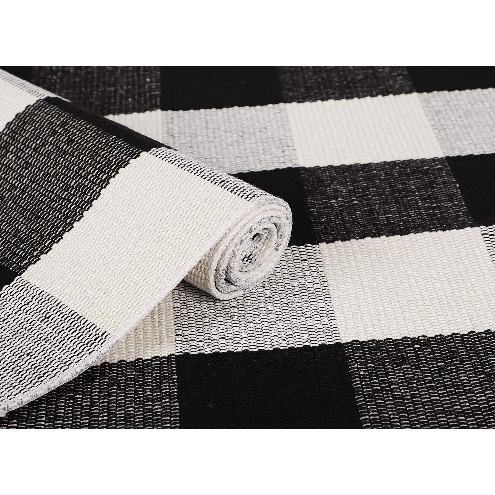 Sanmadrola 24''x36'' Cotton Buffalo Plaid Rug Black and White Check Rugs Hand-Woven Indoor or Outdoor Rugs for Layered Door Mats Washable Carpet for Front Porch Kitchen Farmhouse Entryway