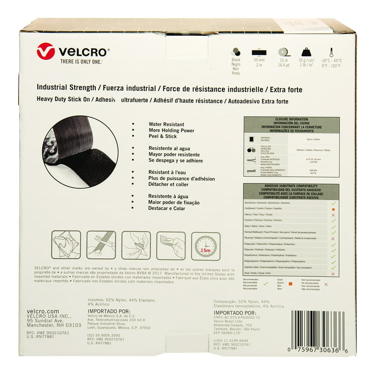 VELCRO Brand Industrial Strength, Indoor & Outdoor Use, Superior Holding  Power on Smooth Surfaces, Black, 5' x 2 Roll (90982)