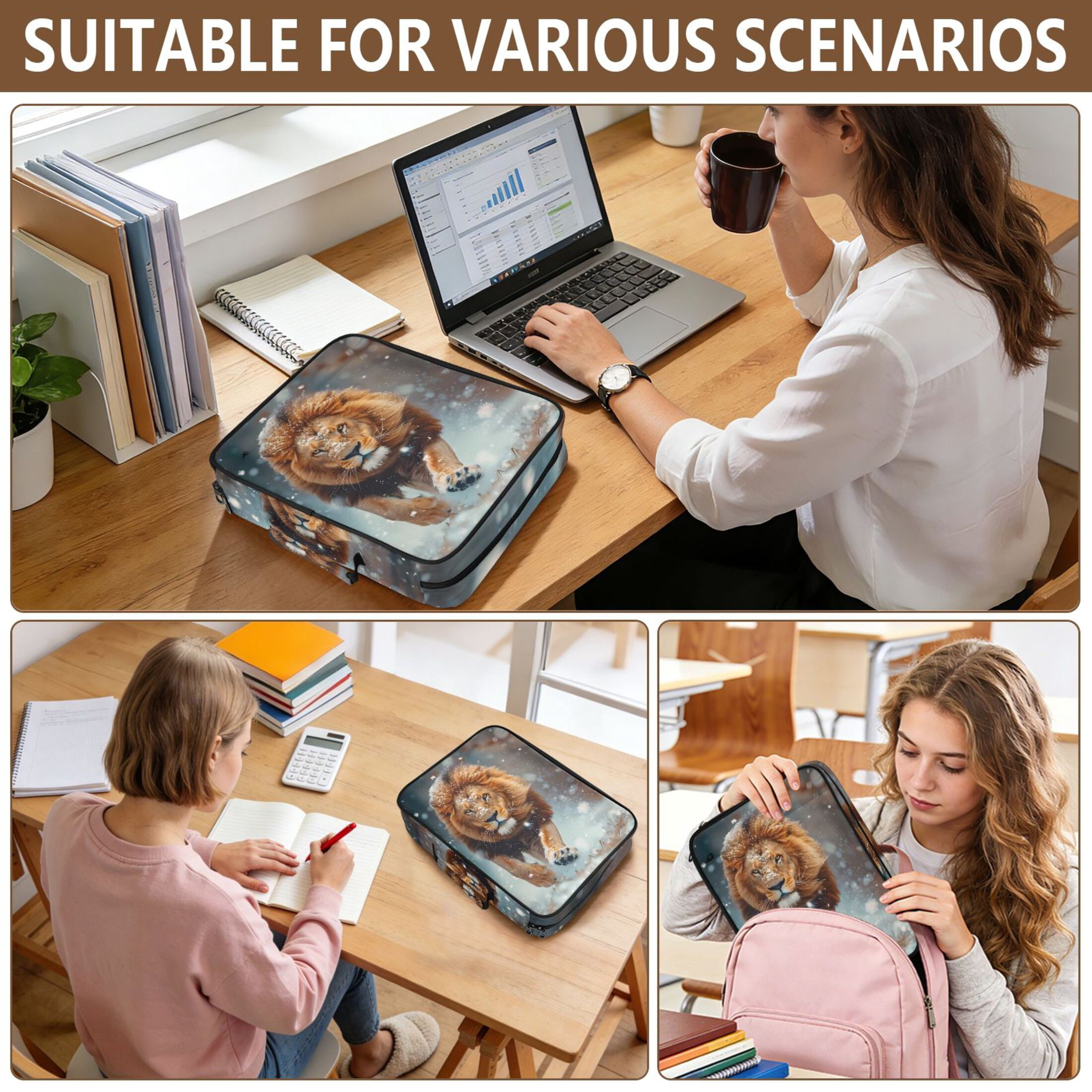 Lion Running on The Snowfield Accordion File Organizer Expanding File Folder 3-Ring Binder Bag 500 Sheets A4 Size