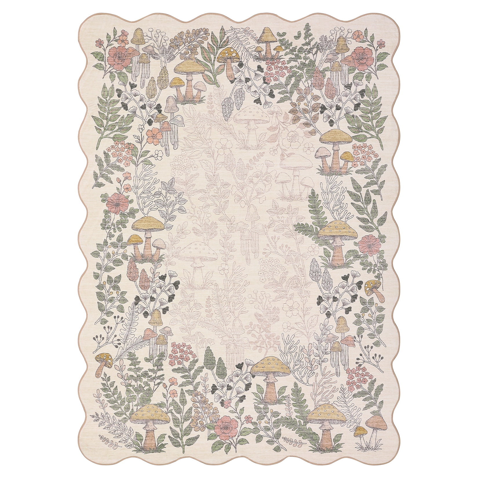 Area Rug Scalloped Floral Runner Washable Botanical Carpet for Bedroom, Living Room or Office