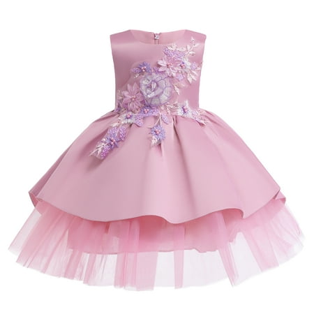 

KIMI BEAR Toddler Baby Girls Dresses 3T Girls Little Princess Style Clothes 4T Girls Grace Flower Trim Mesh Stitching Dress Pink