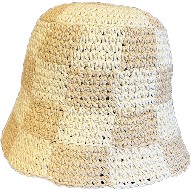 LinYooLi Straw Bucket Hat for Women Plaid Patchwork Crochet Fisherman Hat Outdoor Sun Protection Hollow Ladies Bucket Cap