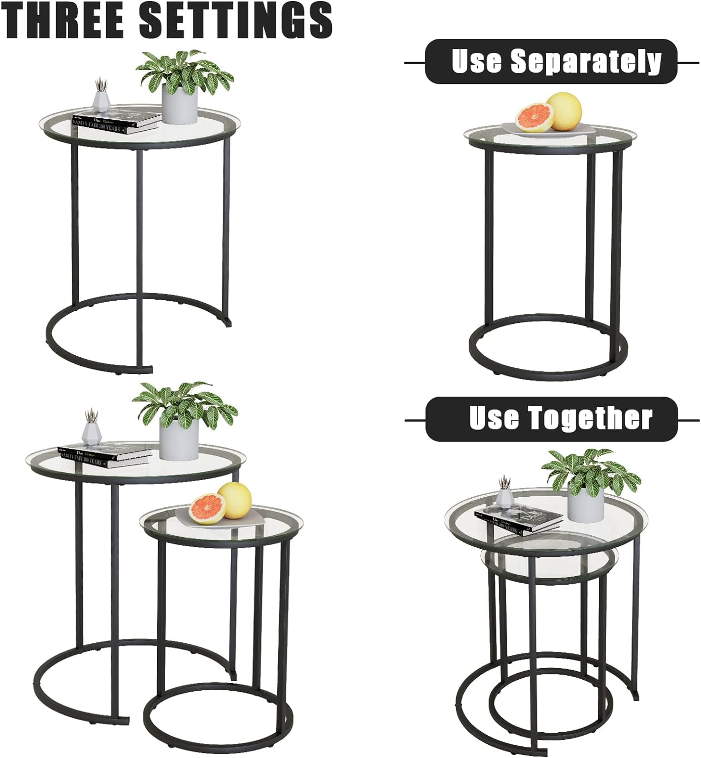 Nesting Coffee Table Set of 2,Modern Black Tempered Glass Side Table, Metal Frame Round End Table.Small Glass Tea Table for Living Room,Bedroom Studio Apartment Essentials,23.2In
