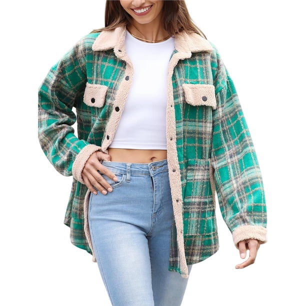 Chaqueta de Franela A Cuadros con Botones, Estilo Casual, Larga, con Bolsillos, Ideal para Otoño. Verde L
