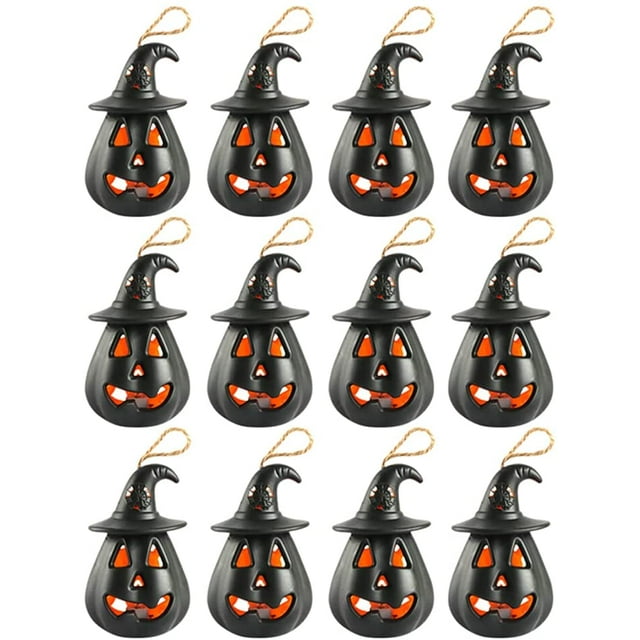 12pcs Halloween Pumpkin Lantern,12pcs Portable LED Skull Candle Lamp, Resin Horror Ornament Decoration for Bar, Haunted House, Kitchen, Dining Table, Living Room, Bedroom, Patio(Black)