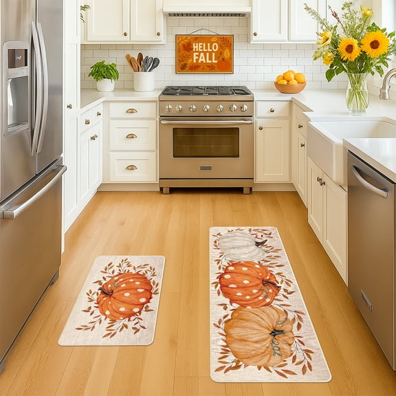 YIBAGA Fall Kitchen Rugs Set of 2, Pumpkins Leaves Kitchen Mats Indoor Decor 17x29 & 17x47 inch