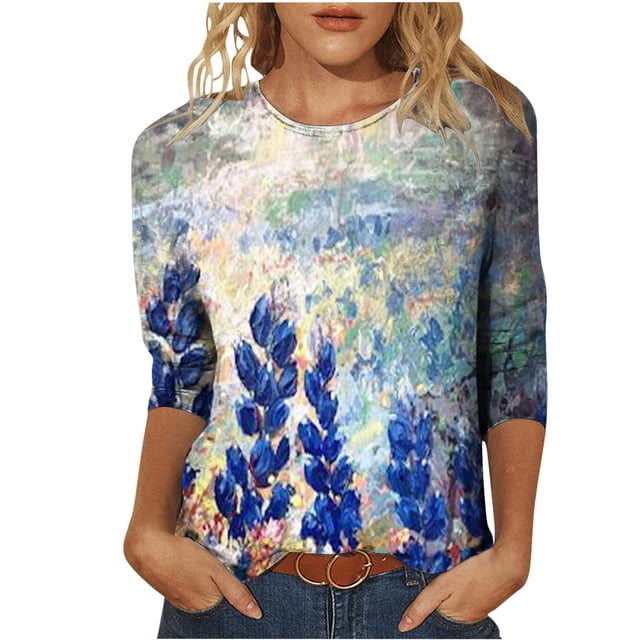 IROINID Économies T-Shirts à Manches Longues pour Femmes Blouse Imprimée Manches 3/4 Col Rond T-shirt de Détente, Bleu Foncé