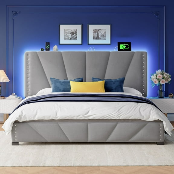 King Size Bed Frame with Upholstered Headboard Upholstered Bed Frame with LED Lights Bed Frame with Storage,Gray