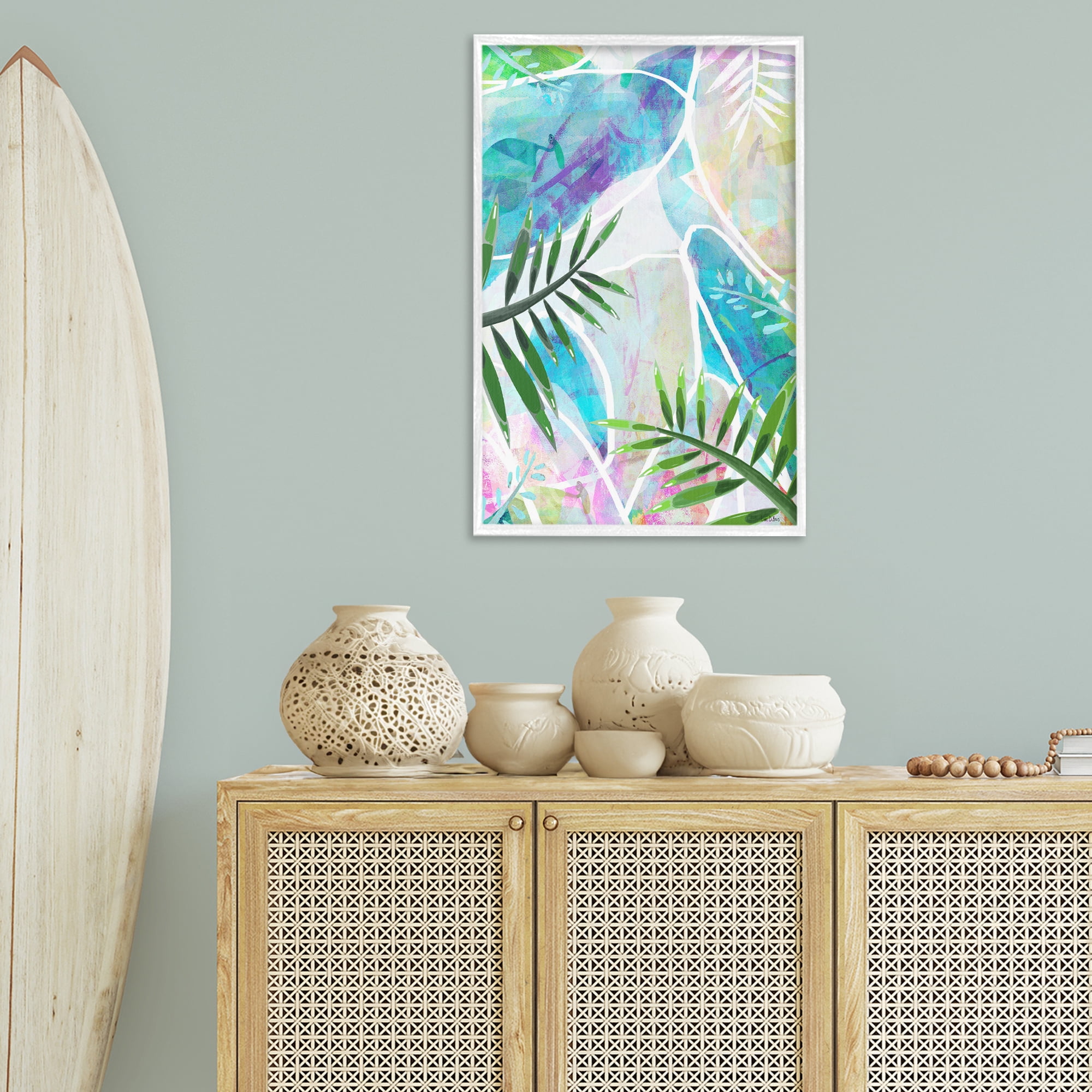 Stupell Industries Layered Tropical Leaves Coastal Painting White Framed Art Print Wall Art, 20 x 30