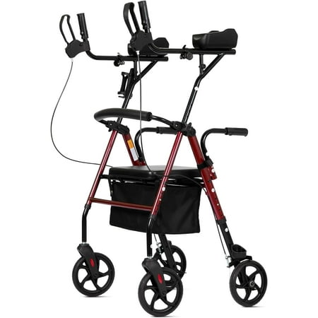 ELENKER Stand up Folding Rollator Walker, Aluminum Upright Rollator Walker with Sitting Seat and Backrest for Seniors, Red