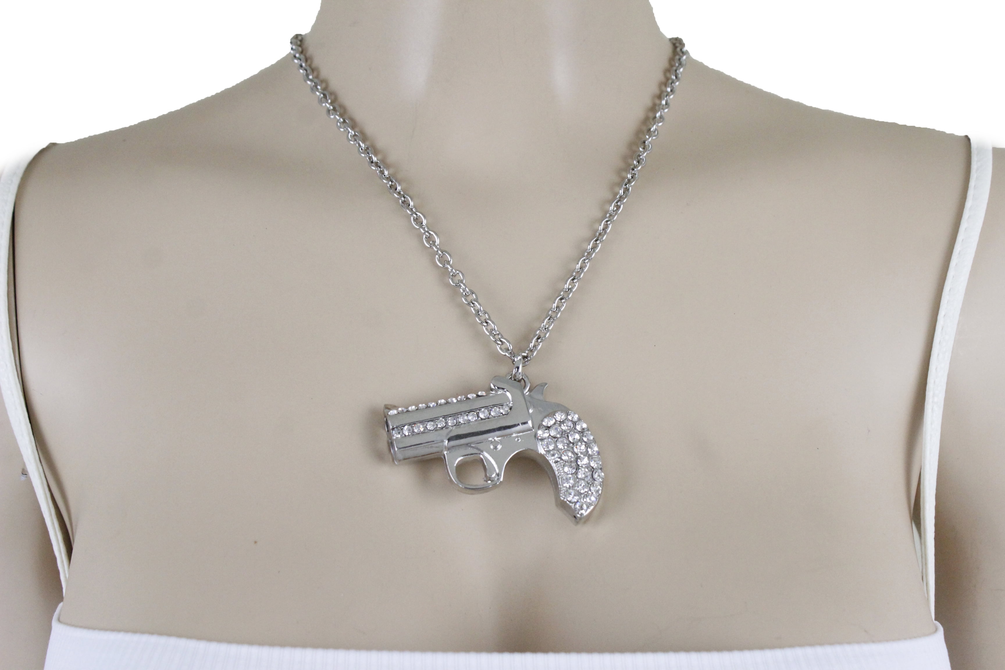 Women Silver Metal Chain Pistol Gun 