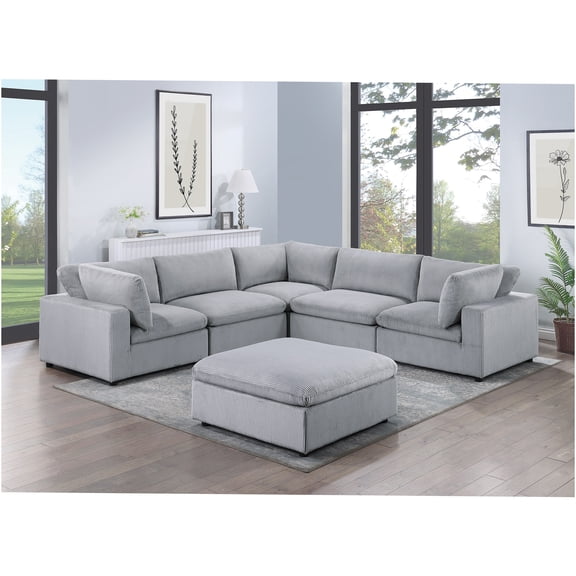 JERFIT Dark Gray 6-Piece Modular Sectional Sofa Set with Ottoman, Soft Corduroy Fabric, Modern Living Room Furniture