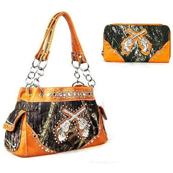 Texas West Women's Faux Leather Camouflage Handbag with Matching Wallet, Orange, 2-Piece
