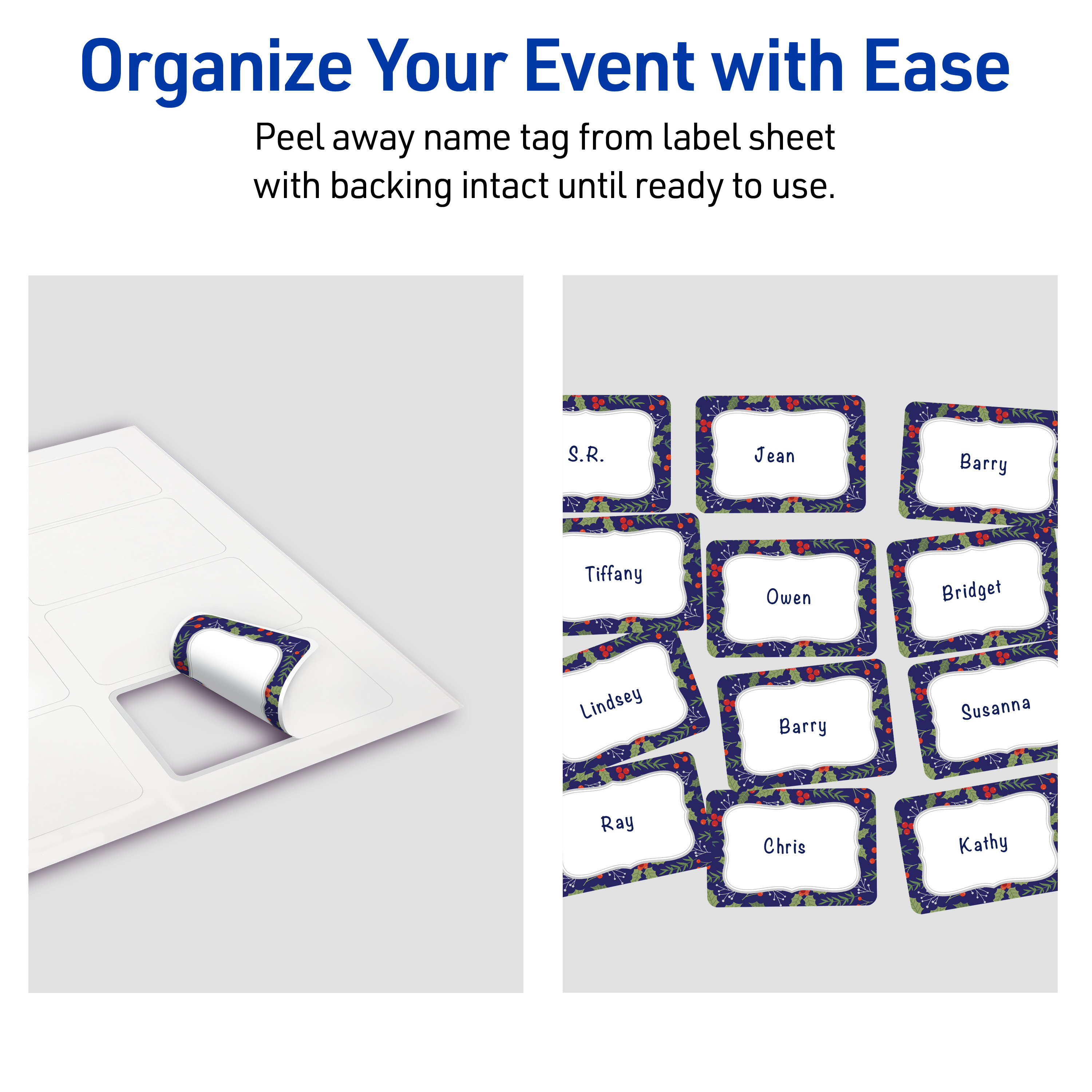 Avery Adhesive Name Tags, Matte White, Navy/Silver Frame